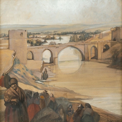 ISIDORO GUINEA ZUAZAGA  (Bilbao 1893 - 1947) &quot;Puente de Toledo con personajes&quot;