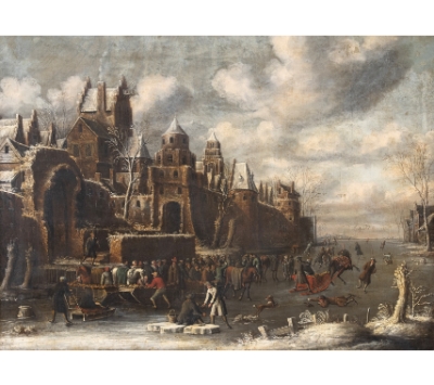 THOMAS HEEREMAS (Haarlem 1641-1702).  Escena en un río helado delante de una ciudad 1698. 