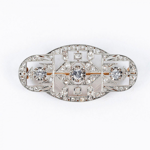 Bello alfiler vintage, "art-dec&oacute;", en montura de oro amarillo 18 K 