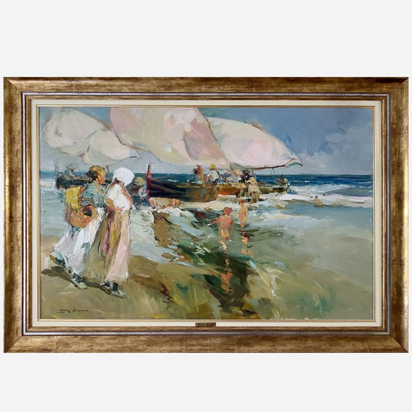 Luis Giner Bueno. (Godella, Valencia 1935). &quot;Gent de mar&quot;. Óleo sobre lienzo firmado en el ángulo inferior izquierdo.