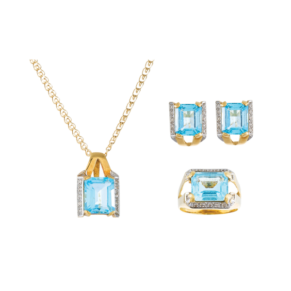 Juego de pendientes, sortija, cadena y colgante en oro bicolor con topacio azul talla octogonal  