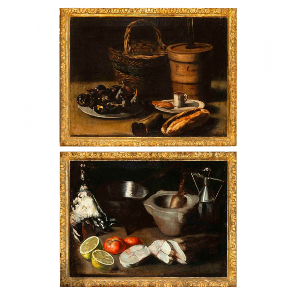 Atribuido a Luis Meléndez, Pareja de importantes bodegones (Nápoles, 1716-Madrid, 1780).