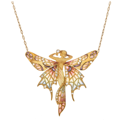 Colgante-broche estilo Art Nouveau en oro mate y brillo, diamantes talla brillante y esmalte pliqué-a-jour.
