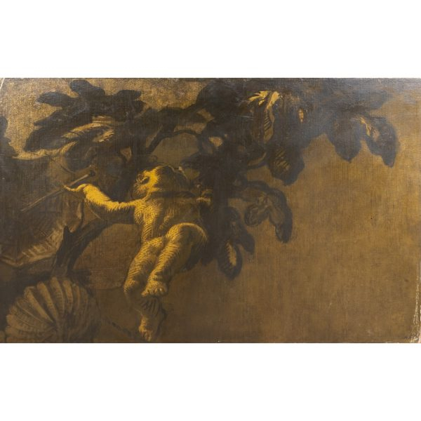 Josep Maria Sert Badia (Barcelona, 1874-1945)  Putti entre las ramas.  Óleo sobre tela adherida a tabla. Fragmento de mural. Sin firmar.