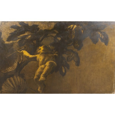 Josep Maria Sert Badia (Barcelona, 1874-1945)  Putti entre las ramas.  &Oacute;leo sobre tela adherida a tabla. Fragmento de mural. Sin firmar.