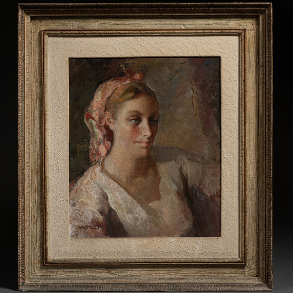 "Mujer con pañuelo rosa en la cabeza"  JULIO MOISES (Tortosa, 1888 - Suances, 1968)  