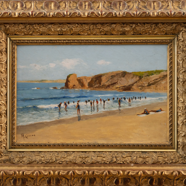 "Bañistas en la playa Hendaya con gemelas de fondo"  AUGUSTO COMAS Y BLANCO (Valencia, 18623 - Madrid, 1953)