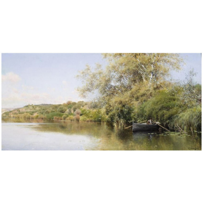 Emilio S&aacute;nchez Perrier.  "Orilla del Guadaira con barca". &Oacute;leo sobre tabla.