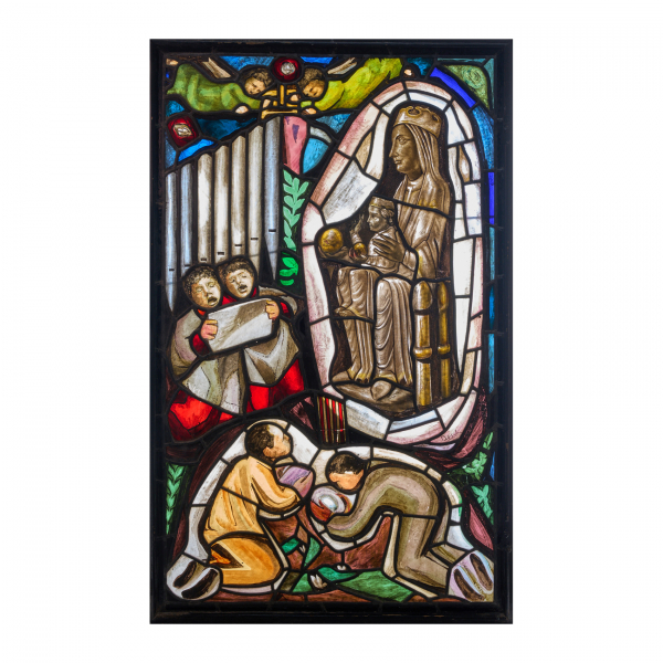 Vidriera en cristales policromos emplomados con representación de la Virgen de Montserrat, c.1940.