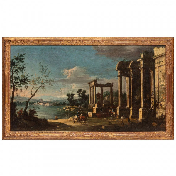 MAESTRO DE LA FUNDACI&Oacute;N LANGMATT, llamado APOLLONIO DOMENICHINI (Venecia, 1715 &ndash; hacia 1770) "Capricho arquitect&oacute;nico", segunda mitad del siglo XVIII.   &Oacute;leo sobre lienzo. 