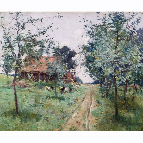 Darío de Regoyos.  "Granja en Bélgica (1881)". Óleo sobre lienzo. Firmado y fechado (1881) 