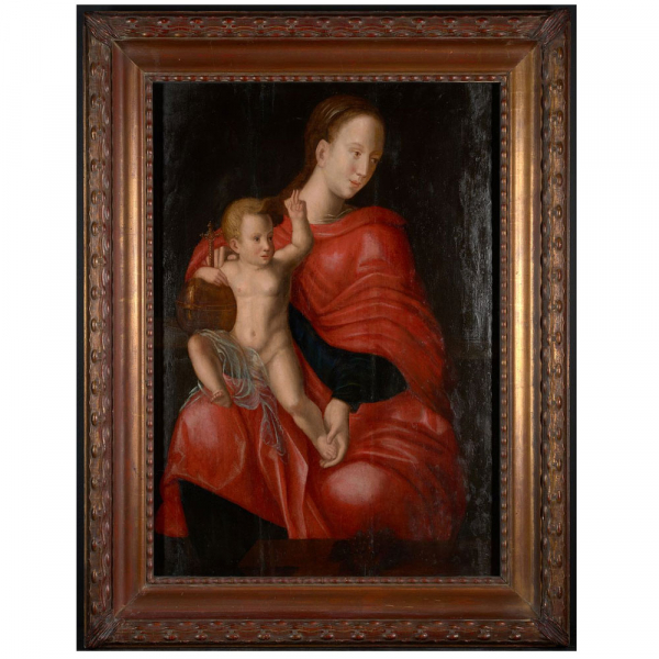 Manera de Joos van Cleve "Virgen con el Niño vestida de rojo", siglo XVI.    Óleo sobre tabla