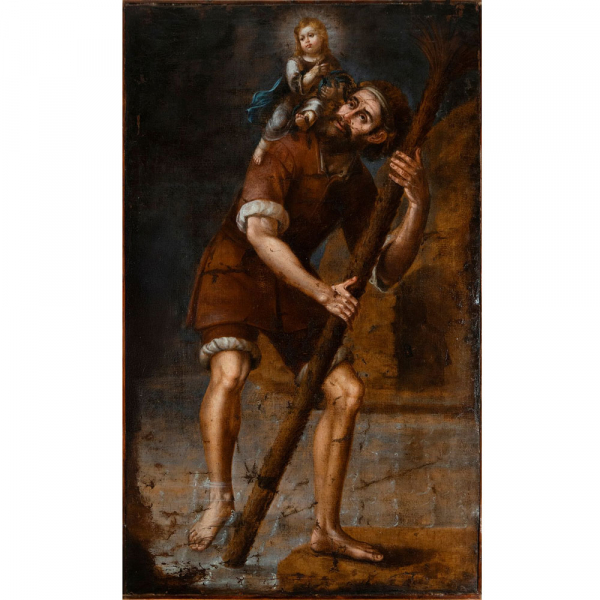 Atribuido a Diego Quispe Tito (Cuzco, Peru, 1611 - 1681) - San Cristóbal y el Niño Jesús.    Óleo sobre lienzo