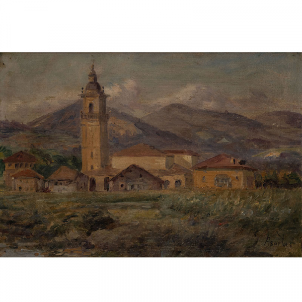 "Paisaje con Igesia".  INOCENCIO GARCIA ASARTA (Navarra, 1861-Bilbao, 1921) 