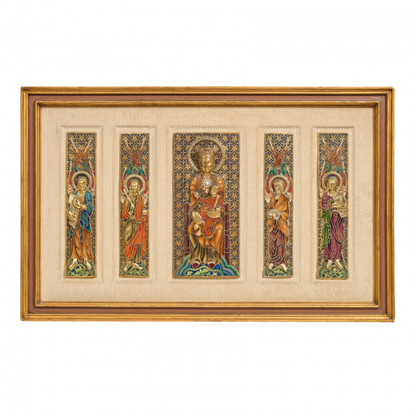 Modest Morat&oacute; Oger (Barcelona, 1909-1993).  Virgen con el Ni&ntilde;o flanqueada por cuatro Arc&aacute;ngeles.  Plafones en bronce esmaltado al fuego.  