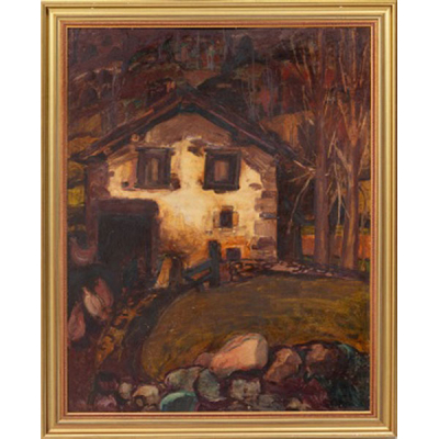 JESÚS MONTES IRIBARREN   (Irún 1940)  &quot;Paisaje con caserío, árboles y gallinas&quot;  Firmado: J. Montes E71  Óleo / Táblex 