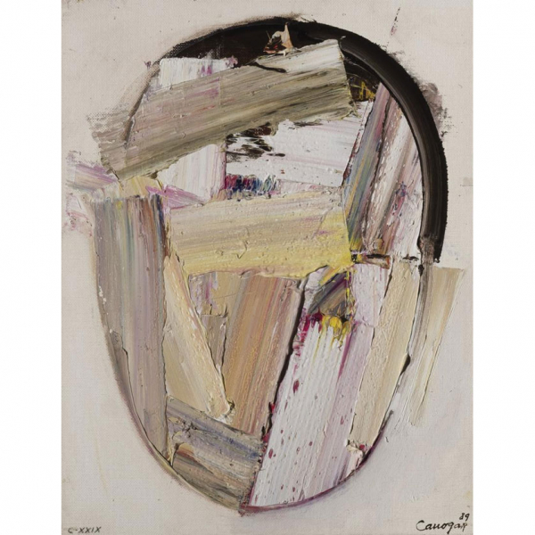 Rafael Canogar (1934) "Cabeza XXIX-89 (1989)". Óleo sobre lienzo adherido a tabla.