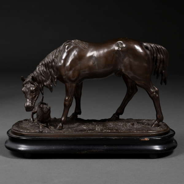 &quot;Caballo con perro&quot; Escultura en calamina. Trabajo francés, Siglo XIX