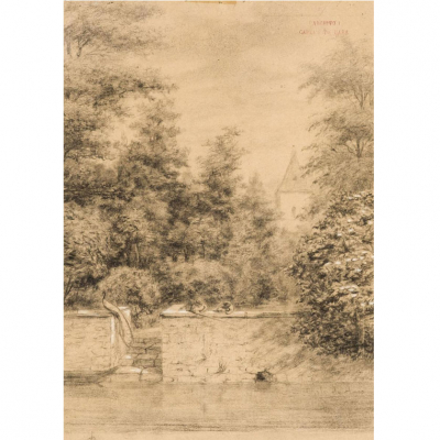 Carlos de Haes.    &quot;Pescadores en el río&quot;. Dibujo 