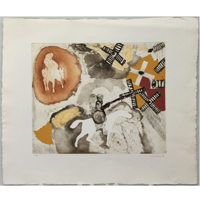 Josep Guinovart: "Quijote". Grabado al carborundum iluminado a mano y firmado a l&aacute;piz por el artista. Ejemplar 73/99.
