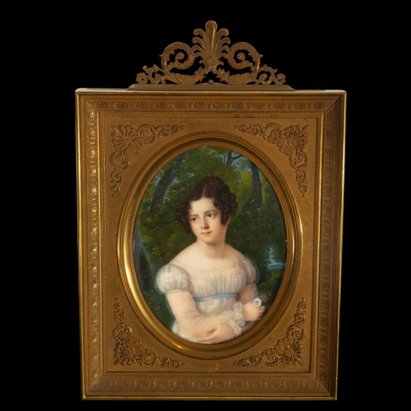 Exquisita miniatura "Retrato de niña", Escuela Francesa, Siglo XIX. 