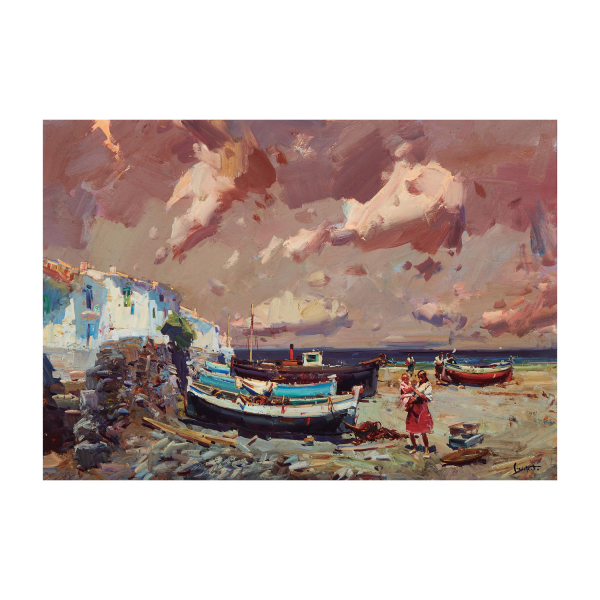 Josep Serrasanta (Buenos Aires, Argentina, 1916-Valldoreix, Barcelona, 1998) Marina con personajes. &Oacute;leo sobre tela. Firmado.