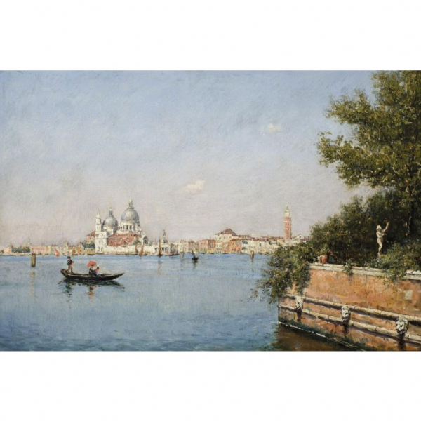 Martín Rico Ortega.   "La Laguna y el Jiardinetto (c. 1896)". Óleo sobre tabla. Firmado en el ángulo inferior derecho.