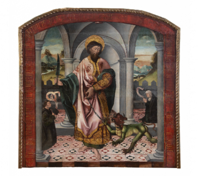 ESCUELA CASTELLANA, SIGLO XVI  San Bartolomé y el demonio encadenado con donantes 