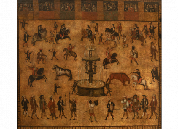 ESCUELA VIRREINAL PERUANA, SIGLO XVII Corrida de toros en la Plaza Mayor de Lima