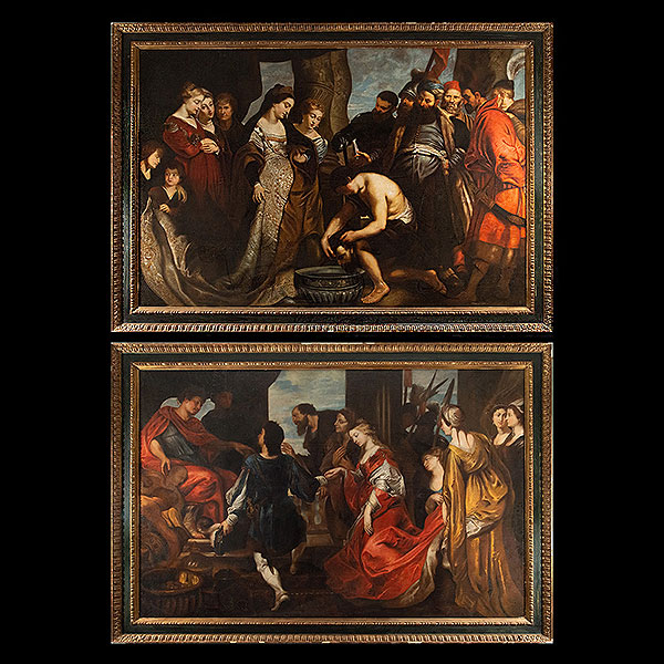 TALLER DE PEDRO PABLO RUBENS (Siegen, 1577 - Amberes, Bélgica, 1640), escuela flamenca del siglo XVII.  Monumental Pareja de Óleos sobre lienzo. 