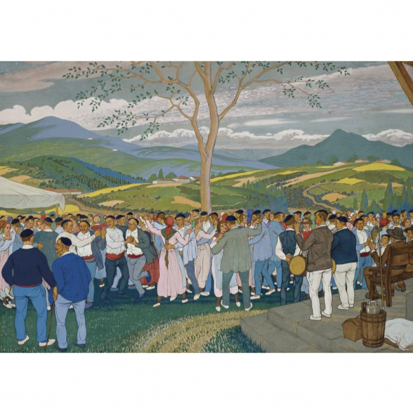 Jos&eacute; Arr&uacute;e. "Romer&iacute;a en pueblo vasco". Gouache sobre papel. Firmado en el &aacute;ngulo inferior izquierdo.