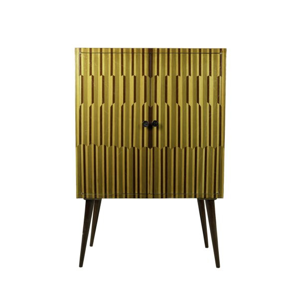 Mueble bar estilo Mid Century en maderas chapadas de varias tonalidades formando patr&oacute;n geom&eacute;trico, s.XX. 