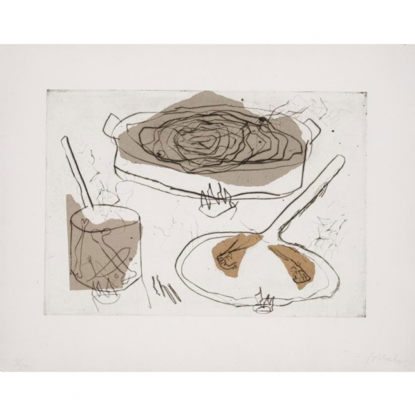 Miquel Barceló. "Bodegón (1984)". Aguafuerte y collage sobre papel sobre papel artesanal Acuari. Firmado 