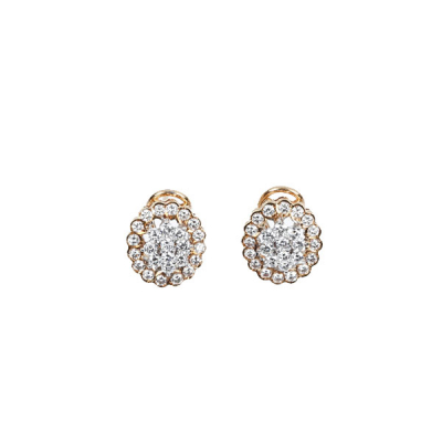 Pendientes en rosetón oval de oro blanco y amarillo, con diamantes talla brillante 