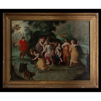 Gran óleo sobre lienzo representando &quot;El Baño de Venus&quot;, escuela Ítalo - Flamenca de principios del siglo XVII. 