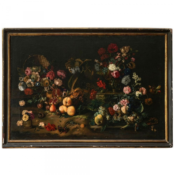 ANIELLO ASCIONE (Nápoles, 1600 – Nápoles, 1656)  "Naturaleza muerta con flores y frutas".   Óleo sobre lienzo