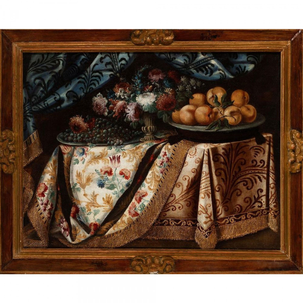 "Bodeg&oacute;n con flores" Manera de Antonio Tibaldi. Siglo XVIII.  &Oacute;leo sobre lienzo reentelado.