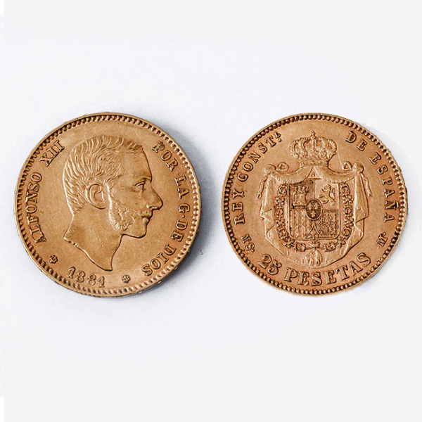 Moneda de oro 900 mil. ESPAÑA, 25 Pesetas. Alfonso XII. 1881 (18*81). M.S.-M. 23.5 mm. EBC++.