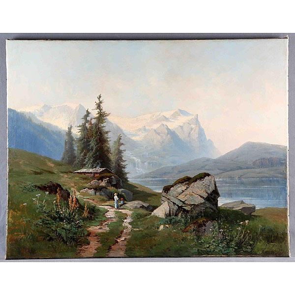 HAES, CARLOS DE. "Paisaje de montaña con personajes".