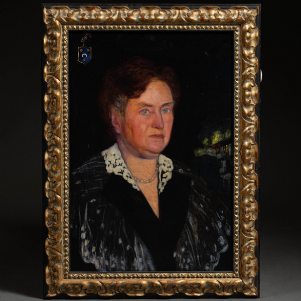 "Retrato de Dña. Pilar Iriarte con caserío de fondo y escudo heráldico"  RAMÓN DE ZUBIAURRE (Garay, 1882 - Madrid, 1969) 