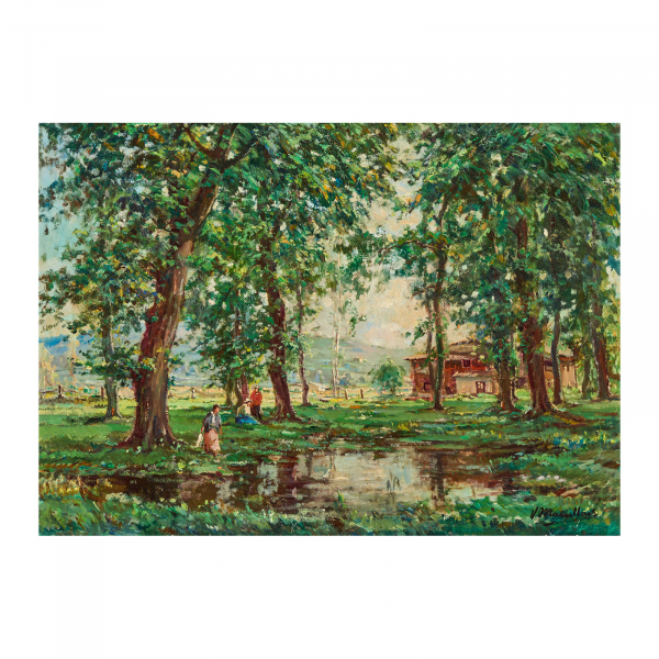 Joaquim Marsillach Codony (Olot, Girona, 1905-1986) Paisaje fluvial con masia. Óleo sobre tela. Firmado.