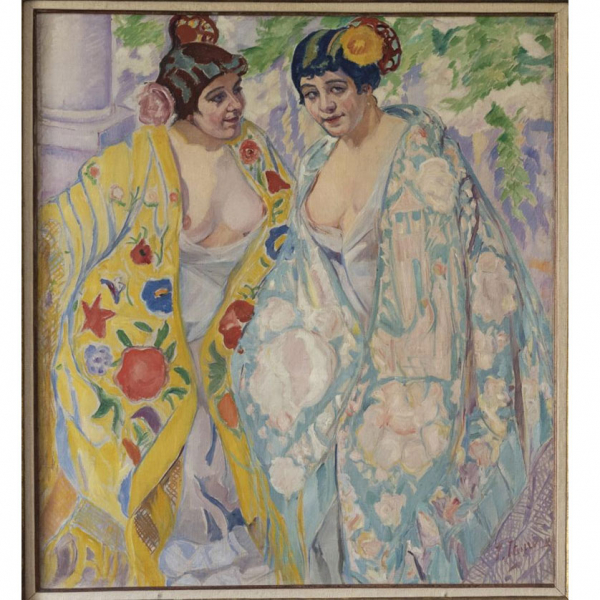 Francisco Iturrino.   "Manolas". Óleo sobre lienzo. Firmado en el águlo inferior derecho.