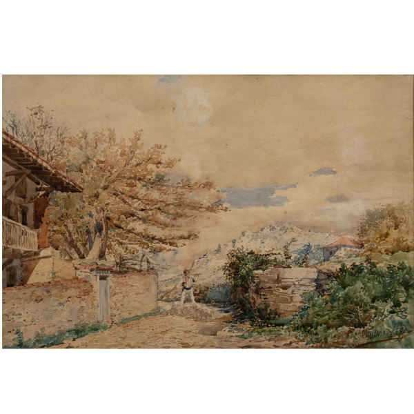 "Pastor con cerdos"  ANSELMO GUINEA (Bilbao, 1854-1906) Acuarela/papel