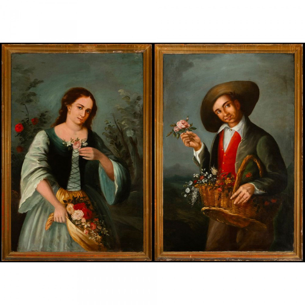 Atribuido a Juan Rodríguez y Jiménez "el Panadero" (1765–1865) "Pareja de muchachos con flores", Escuela Española del siglo XIX.  
