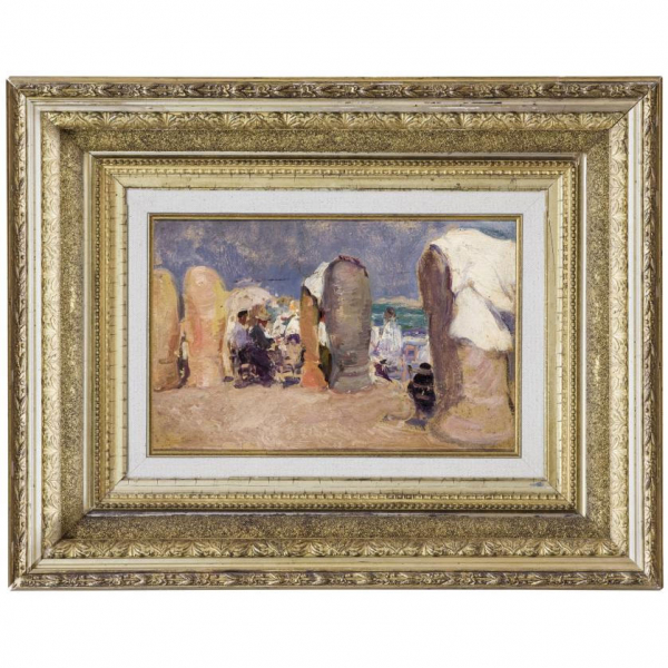 Cecilio Plá  (1860 - 1934)   "Playa valenciana". Óleo sobre cartón.