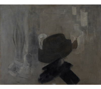 PANCHO COSSÍO (San Diego de los Baños, 1894 - Alicante, 1970)  Bodegón, guantes negros y sombrero gris, 1961   Óleo sobre lienzo. 
