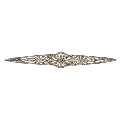Broche estilo Art Déco en oro bicolor con diamantes tallas brillante antigua y rosa, 0,25 ct aprox.