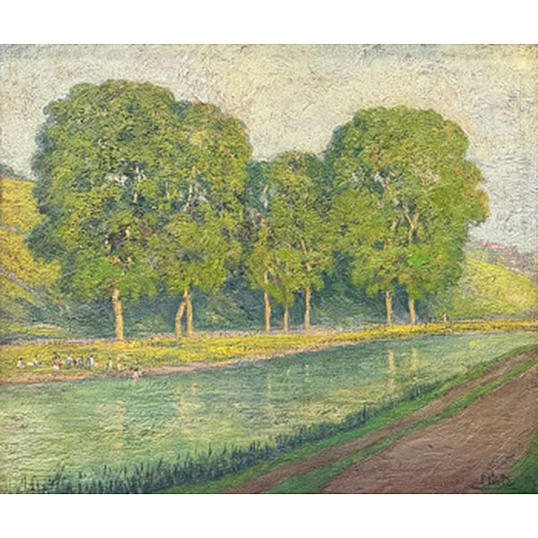 ENRIQUE NIETO ULIBARRI   (San Salvador del Valle 1890 - Bilbao 1963)  "Paisaje con lavanderas en el río "  