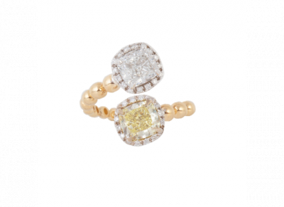 Sortija tu y yo, con brillante de 2,01 ct color E, SI1 y brillante de 2,02 ct Fancy intense yellow, SI2 orlados de brillantes
