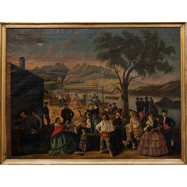 ESCUELA ANDALUZA  (S. XIX) "Día de feria a la orilla del río con ciudad al fondo"